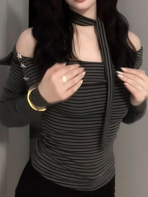 Women's One-Shoulder Black & Gray Striped Slimming Long-Sleeve Top - Autumn Pure Desire Style
