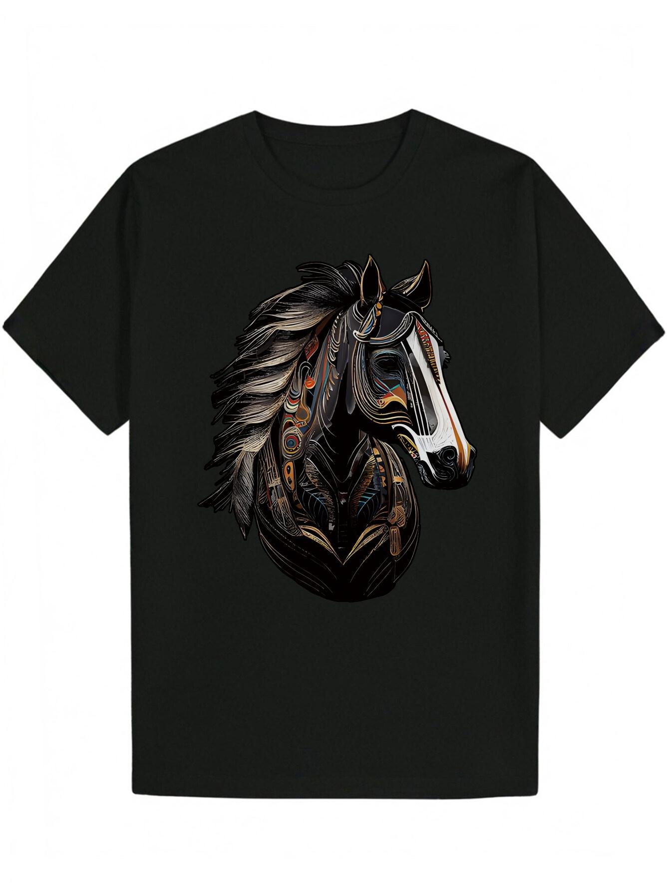 Short Sleeve T-shirt with Vibrant Horse Head Graphic Print - Lightweight Polyester XXL