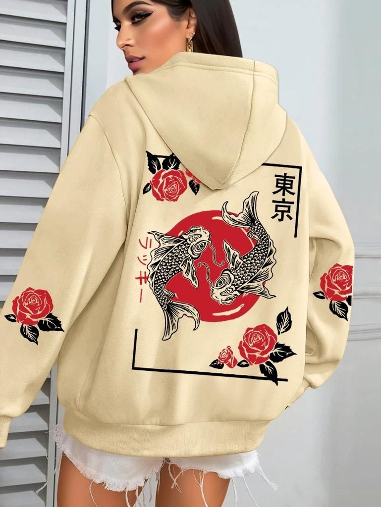 Koi Fish Rose, Harajuku Printed Women's Hoodie Autumn Loose Casual Pocket Fleece Jumper