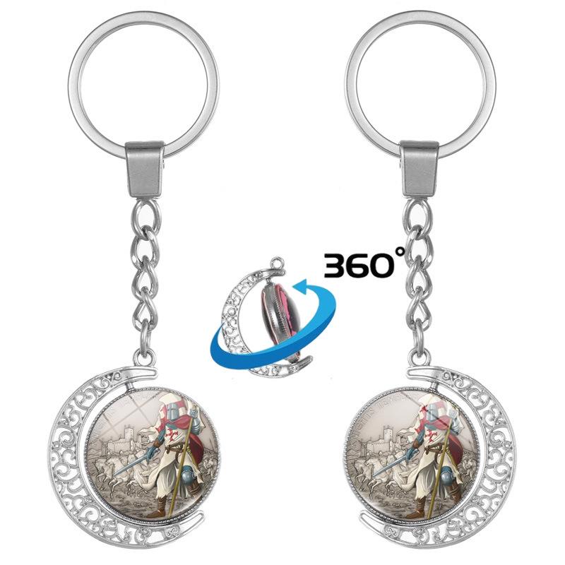 Templar Knight Double-Sided Cross and Time Gem Pendant Keychain Ring Gift