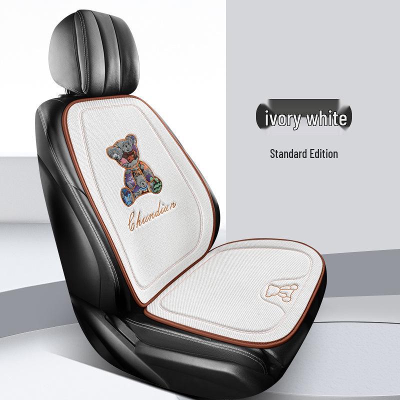 Four Seasons Universal Linen Car Seat Cushion - Cartoon Bear, Breathable, Half-Wrap Rear Seat Cover