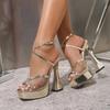 Eiyken Fashion CRYSTAL Diamond Hollow Out Mesh Peep Toe Platform Woman Sandals Ankle Buckle Strap Square High Heels Party Shoes