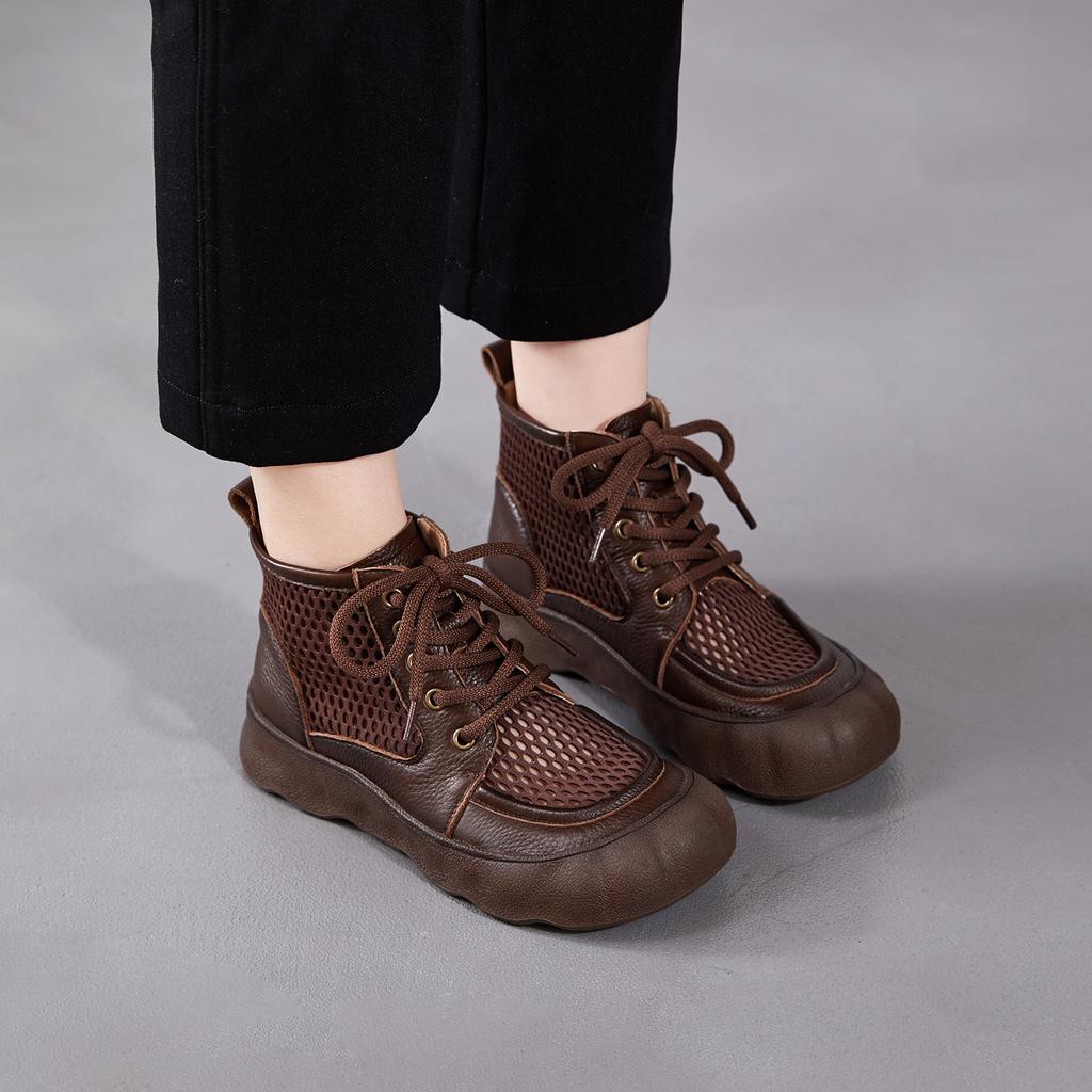 2026 Spring and Summer New Leather Thick-soled Mesh Cool Boots Women's Hollow Hole Roman Sandals Flat Short Boots