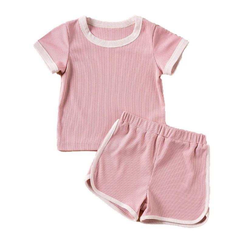 Boys Girls Ribbed Summer Outfit Set Toddler Short Sleeve T Shirt Shorts Children 2Pcs Clothes Sets Korean