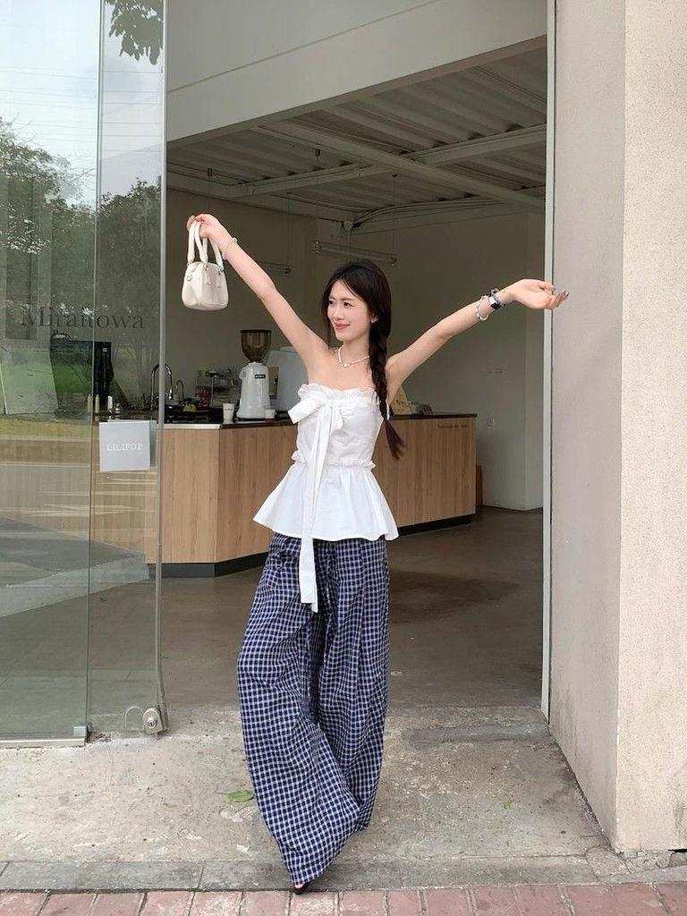 White Ruffled Bow Tie Strap Bandeau Top - Chic Slimming Waist-Cinched Summer Style for Women