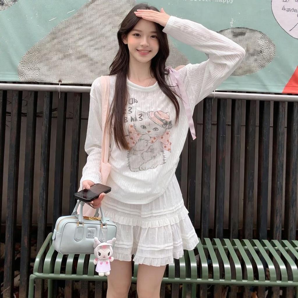 Korean Pure Desire Bow Cat Print Off-the-shoulder Long-sleeved T-shirt Women's Summer Thin Loose Blouse Sunscreen Top