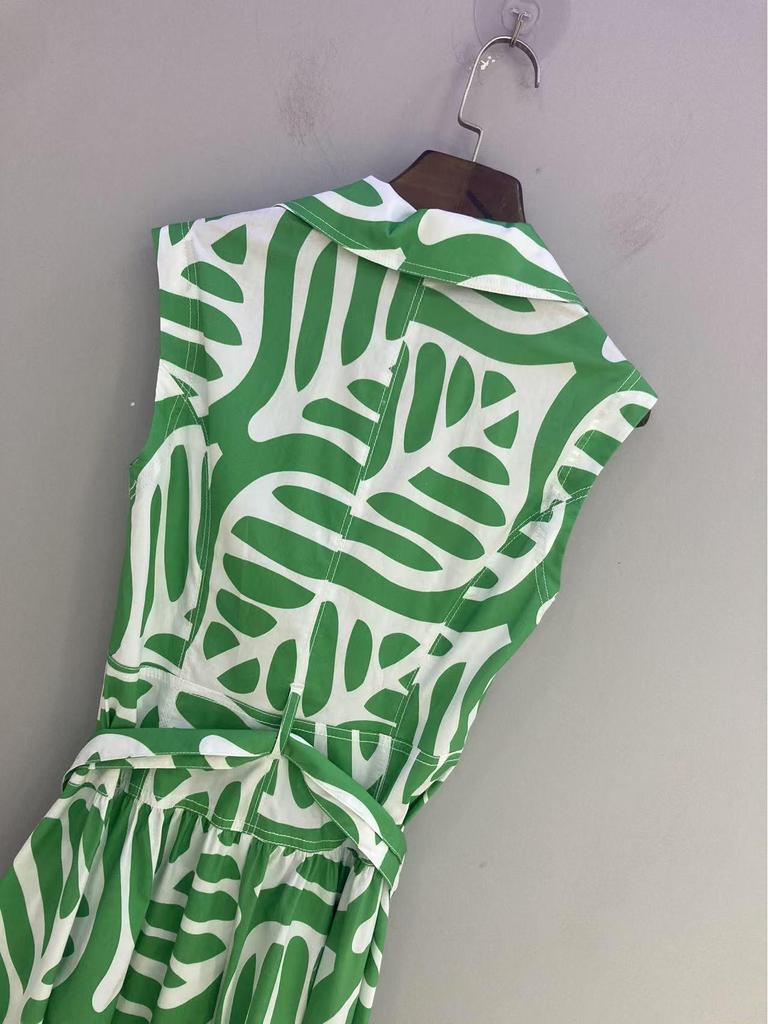 DVF Early Autumn Green & White Palm Leaf Dress with Waist Belt - Flattering Resort Fashion