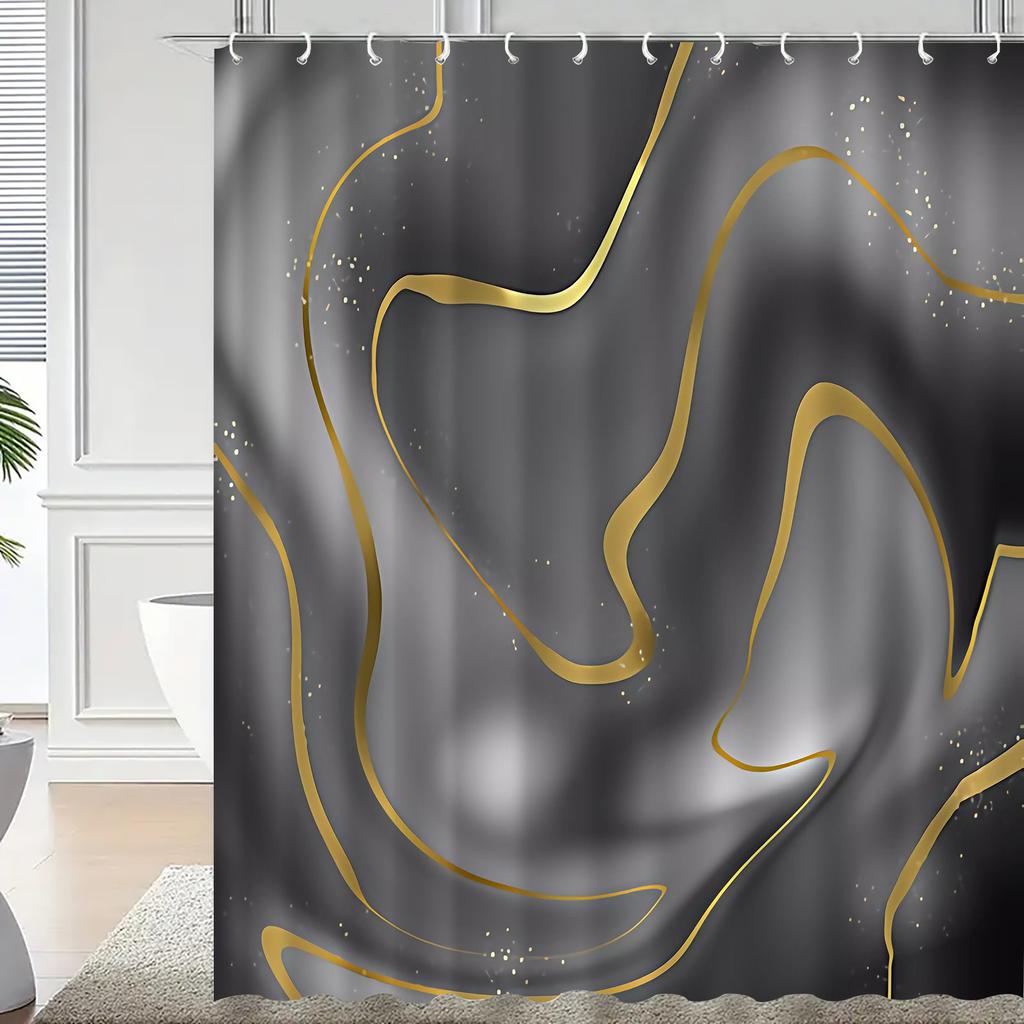1Pc Black And Gold Abstract Pattern Shower Curtain, Polyester Fabric, Machine Washable, Suitable For Bathroom Decoration