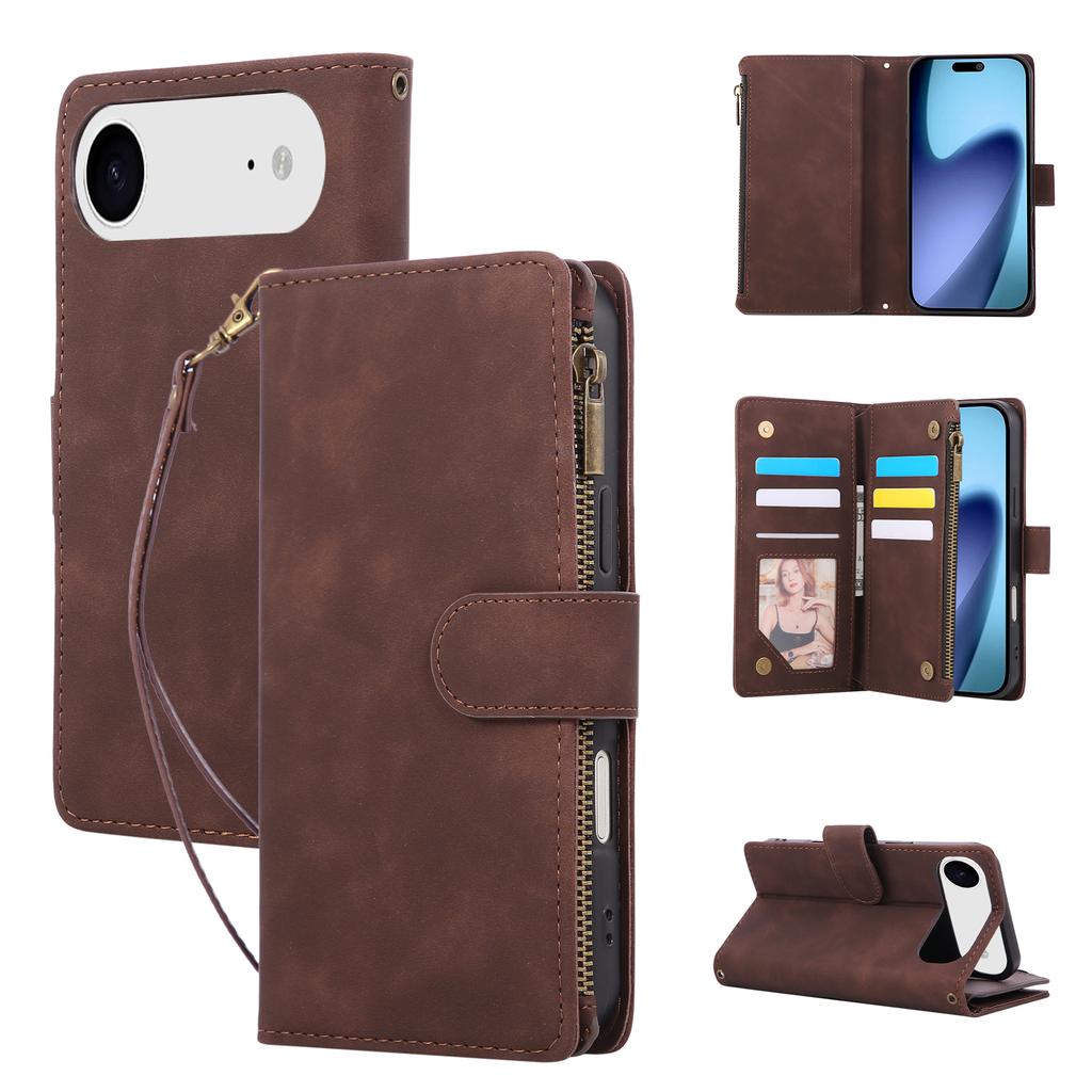 For iPhone 17 Air Case Zipper Wallet Multiple Card Slots Leather Phone Cover with Wrist Strap