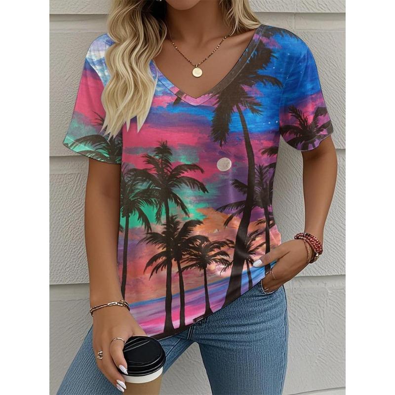 Women's T-Shirt Coconut Tree Pattern 3d Printing Fashion Casual V-Neck Short-Sleeved Beach Style Outdoor Women's Clothing