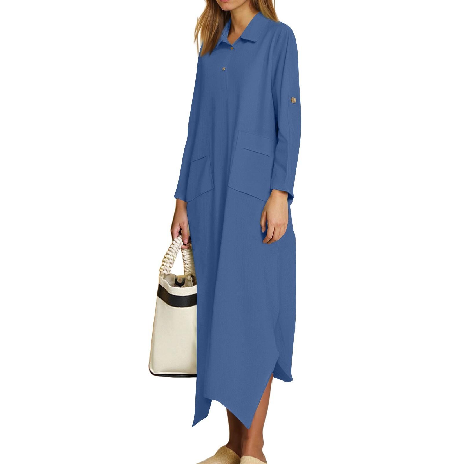 

Women s Casual Color Cotton And Linen V-Neck Long Sleeve Button Midi Dress L синий