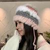 Autumn and winter dopamine stripes contrasting colors plush fisherman's hat children's warm ear protectors knitted hat versatile strap wool hat