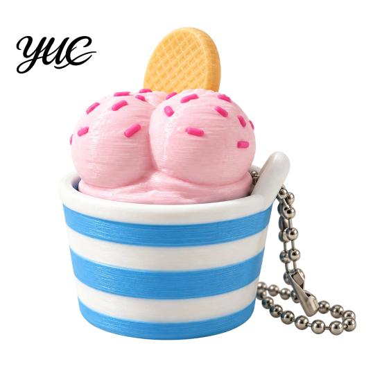 Small Gift for Party Favors 3D Printed Ice Cream Cup Fidget Clicker Keychain, Cute Dessert Stress Simulated Food Keychain Relief Click Toy, Mini Desk