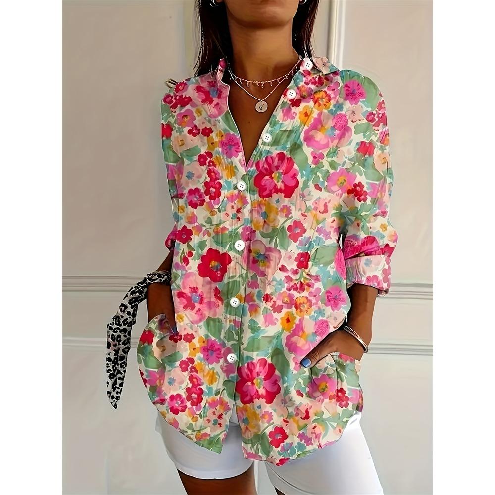 New Summer Fashion Women's Lapel Shirt Big Size Button Long Sleeve Daily Weekend V Neck Tops Floral Printed Loose Casual Shirt