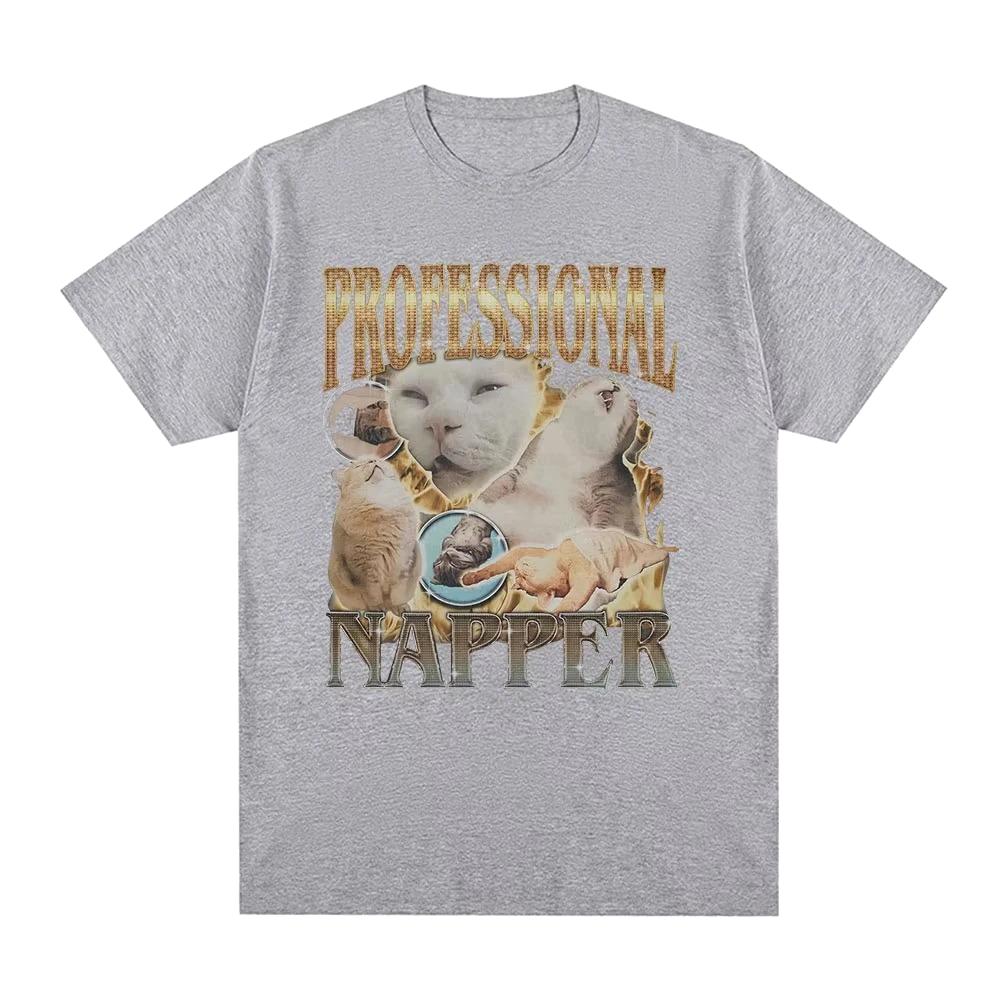 Professional Napper Funny Cat Meme Printed T-shirt Women Casual T Shirt Fashion Vintage Round Neck T-shirts Streetwear