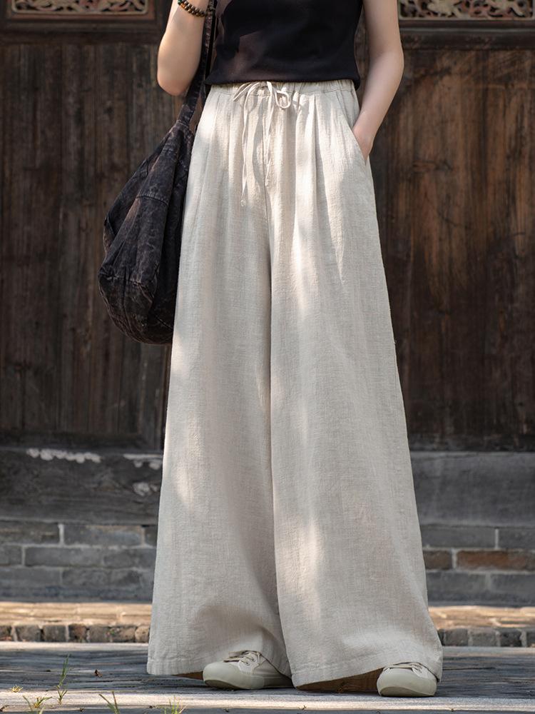 

Johnature женские винтажные широкие брюки с эластичной резинкой на талии, однотонные осенние брюки, свободные женские повседневные длинные брюки One Size бежевый