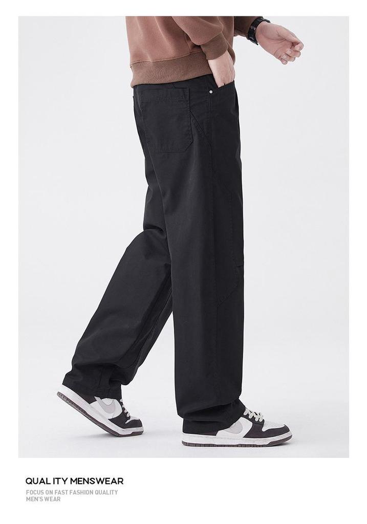 Men's Japanese Style Wide-Leg Casual Pants, Solid Color Straight-Leg, Versatile Cargo.