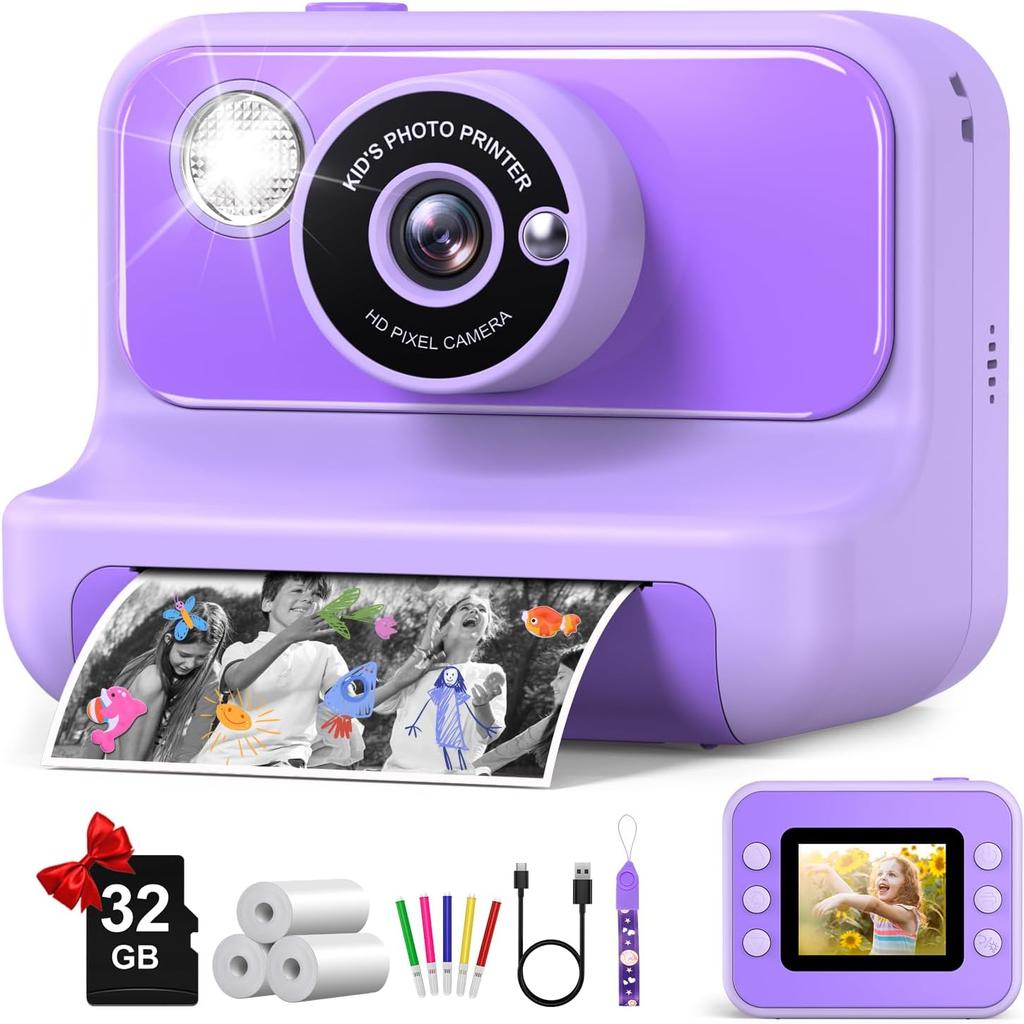 Kids Camera Instant Print, Christmas Birthday Gifts for Girls and Boys, 1080P HD Video Digital Kids Camera with 32G Card, Toddler Camera for 3-12