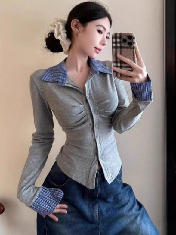 Chic Pleated Patchwork Long Sleeve T-Shirt - Slim Fit Autumn Fashion for Women