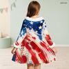 Girls Navy Blue Printed High Neck Long Sleeve A Line Flared Dress With White Fur Trim And Bow