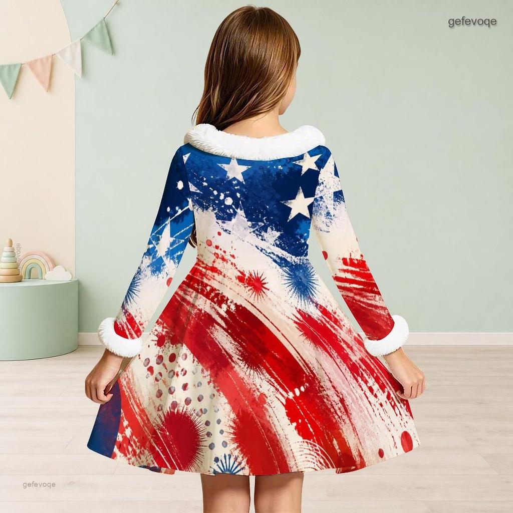 Girls Navy Blue Printed High Neck Long Sleeve A Line Flared Dress With White Fur Trim And Bow