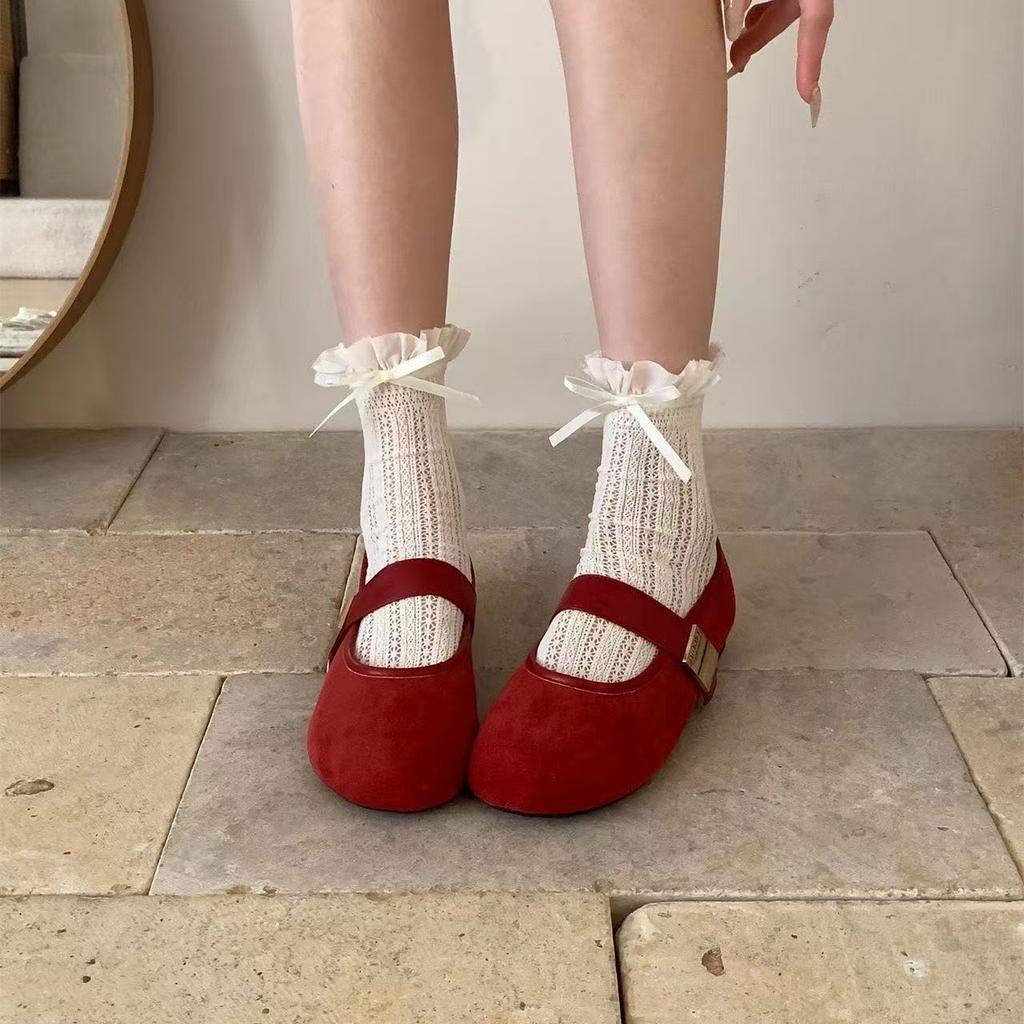 2025 New Retro Gentle Fairy Style Casual Soft Flat Mary Jane Shoes Suede Red Light Mouth Single Shoes Women