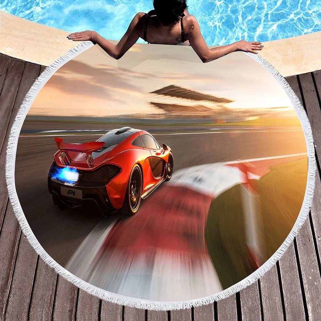 Sport Car Round Beach Towel,Cool Racing Print Sand Resistant Beach Blanket,Absorbent Quick Dry Pool Towel Portable Picnic Mat