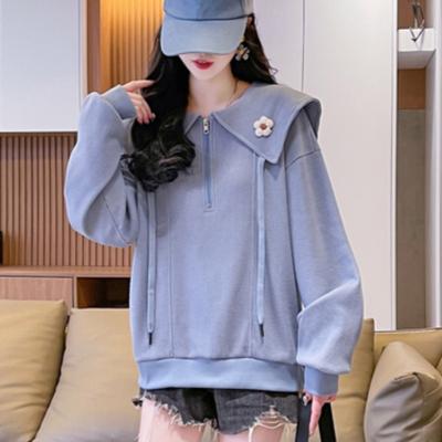 Spring New Women's Waffle Navy Collar Thin Long Sleeve Sweater