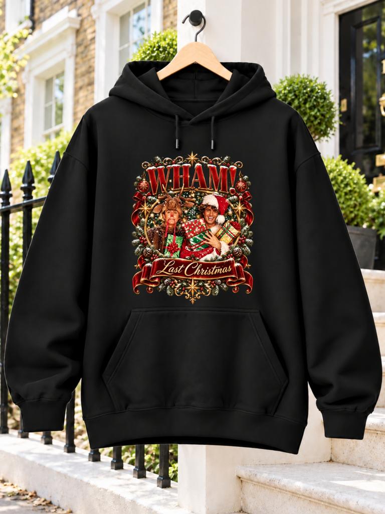Wham Last Christmas Vintage Ornate Day Frame Two Male Singers Reindeer Costume Santa Christmas Gifts on Black Unisex Hoodie