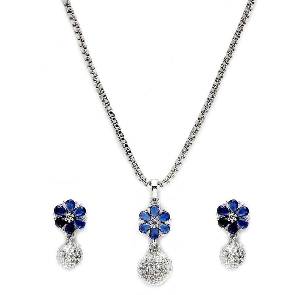 Rhodium-Plated Silver Toned Green Cubic Zirconia Studded Floral Shaped Cute Pendant with Earrings Jewellery Set
