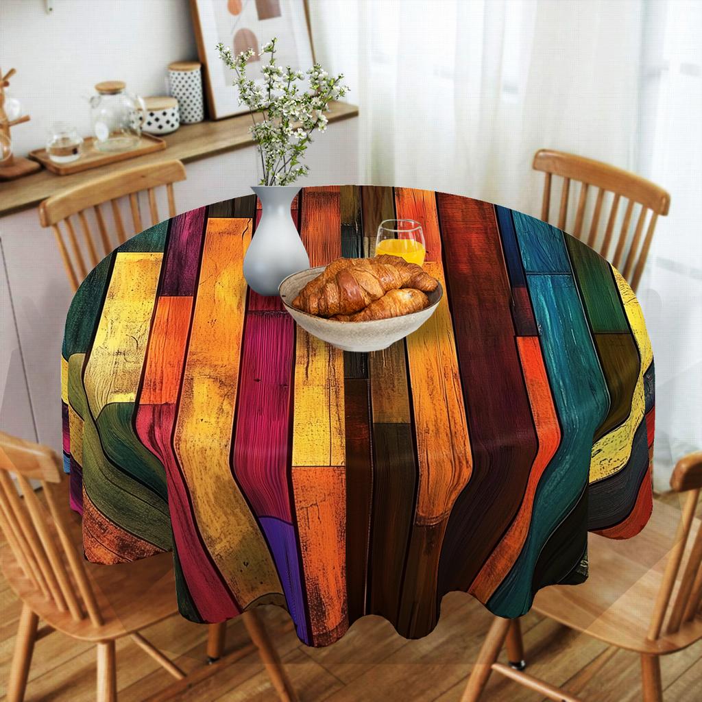 1 Piece, Colorful Wood Grain Pattern Printed Purple Polyester Tablecloth + 4 Self-Adhesive Stickers, Embossed Edges, Suitable for Home Kitchen, Living