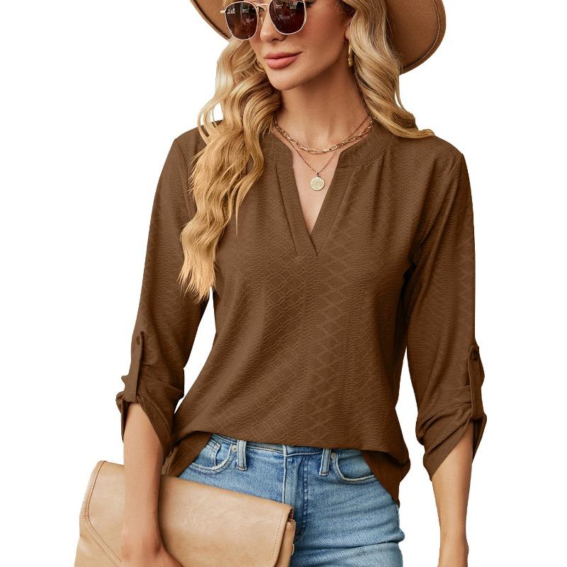 Damen Unifarben V-Ausschnitt Dreiviertelarm Locker Lässig T-Shirt Top