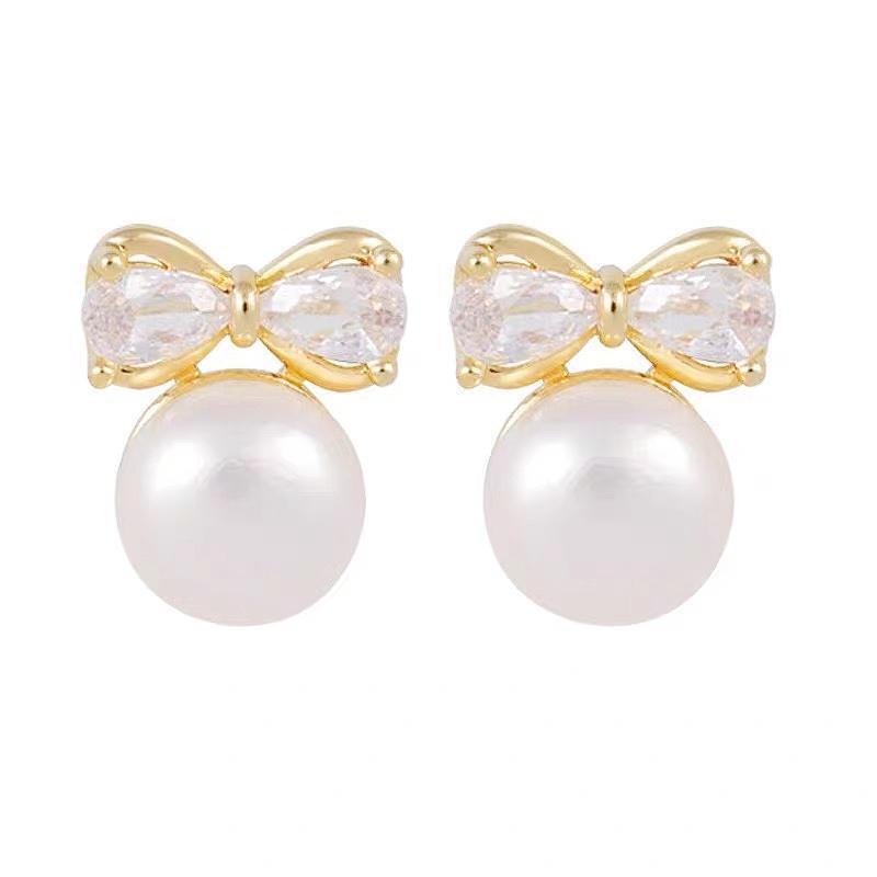 Mermaid Pearl & Zircon Bow Stud Earrings - Unique Design, Luxurious & Elegant Women s Jewelry.