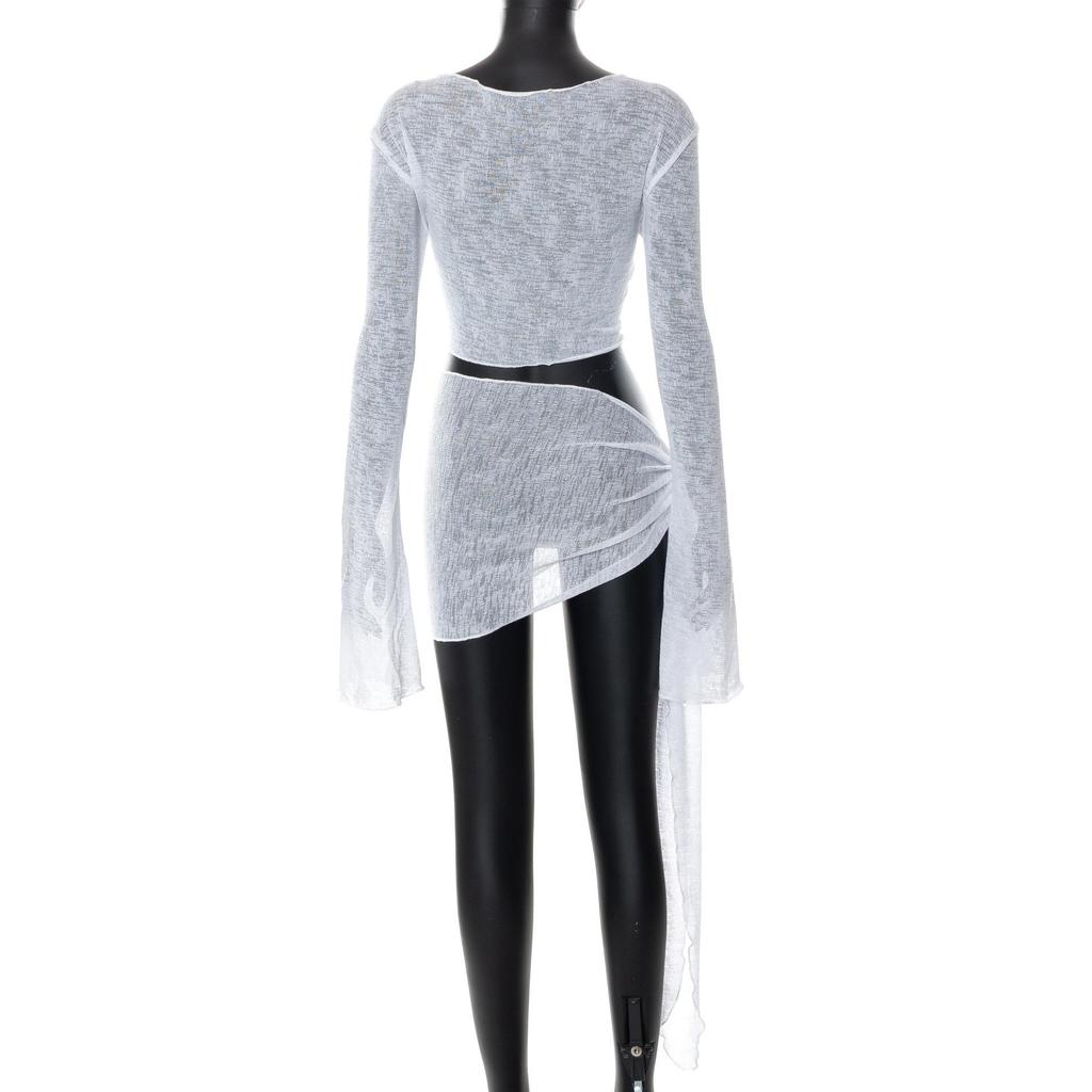 Ensemble crop top à manches longues à lacets en dentelle résille et jupe courte - Mode d'été européenne et américaine pour femmes