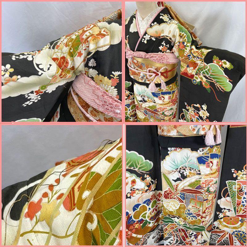 Used 606aa20Antique kimono, furisode, five crests, wave and imperial carriage, retro modern, Taisho Roman, Showa retro, Japanese and Western MIXGood