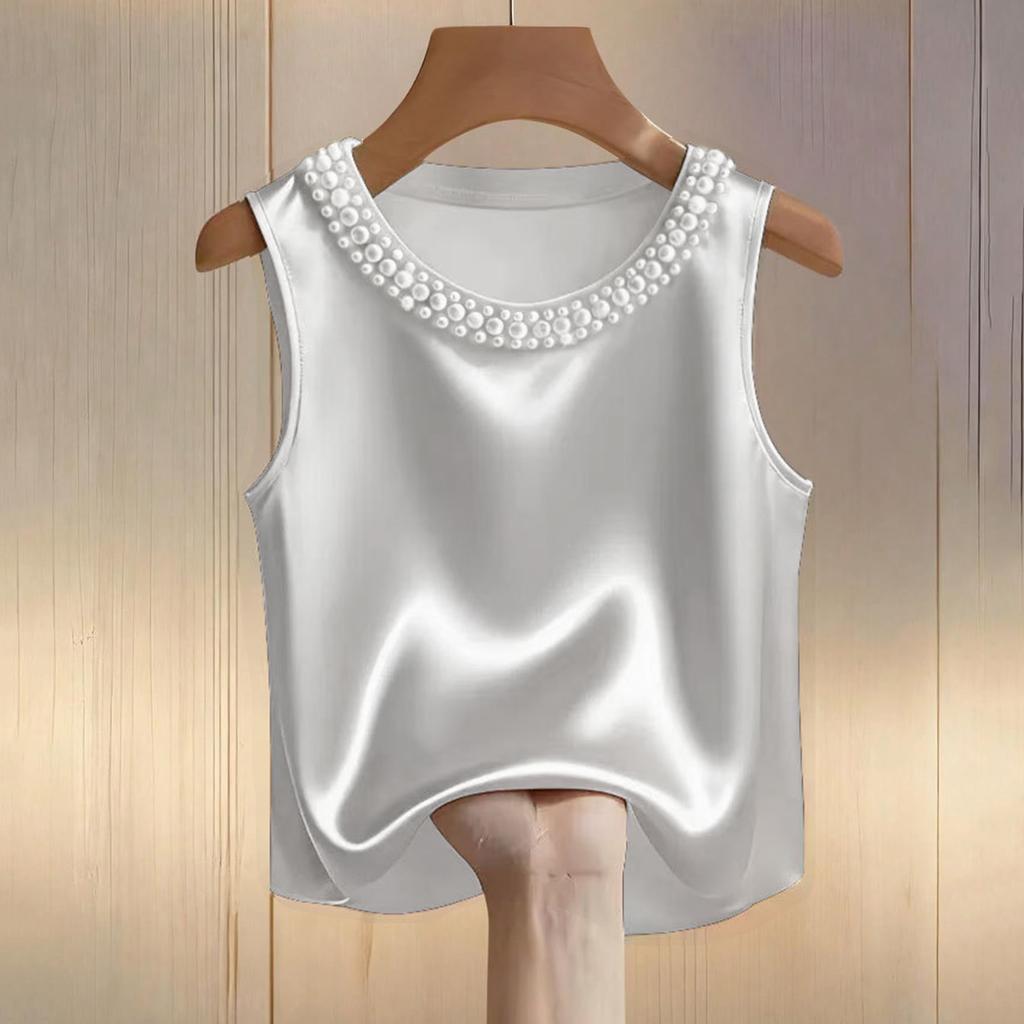 Damen-T-Shirt mit Satin-Perlenmuster, Rundhalsausschnitt und kurzen Ärmeln, lässiges Oberteil