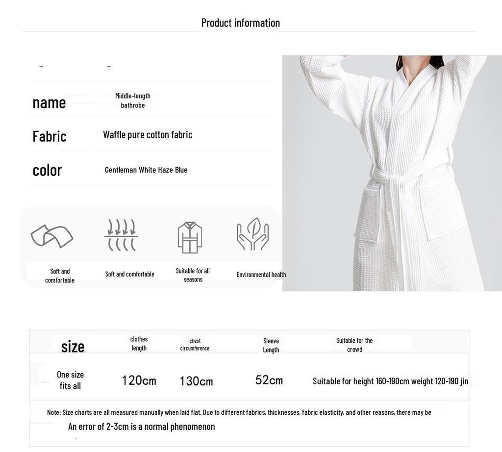 All-Season Waffle Cotton Bathrobe for Hotels, B&Bs, Hot Springs, and Spas