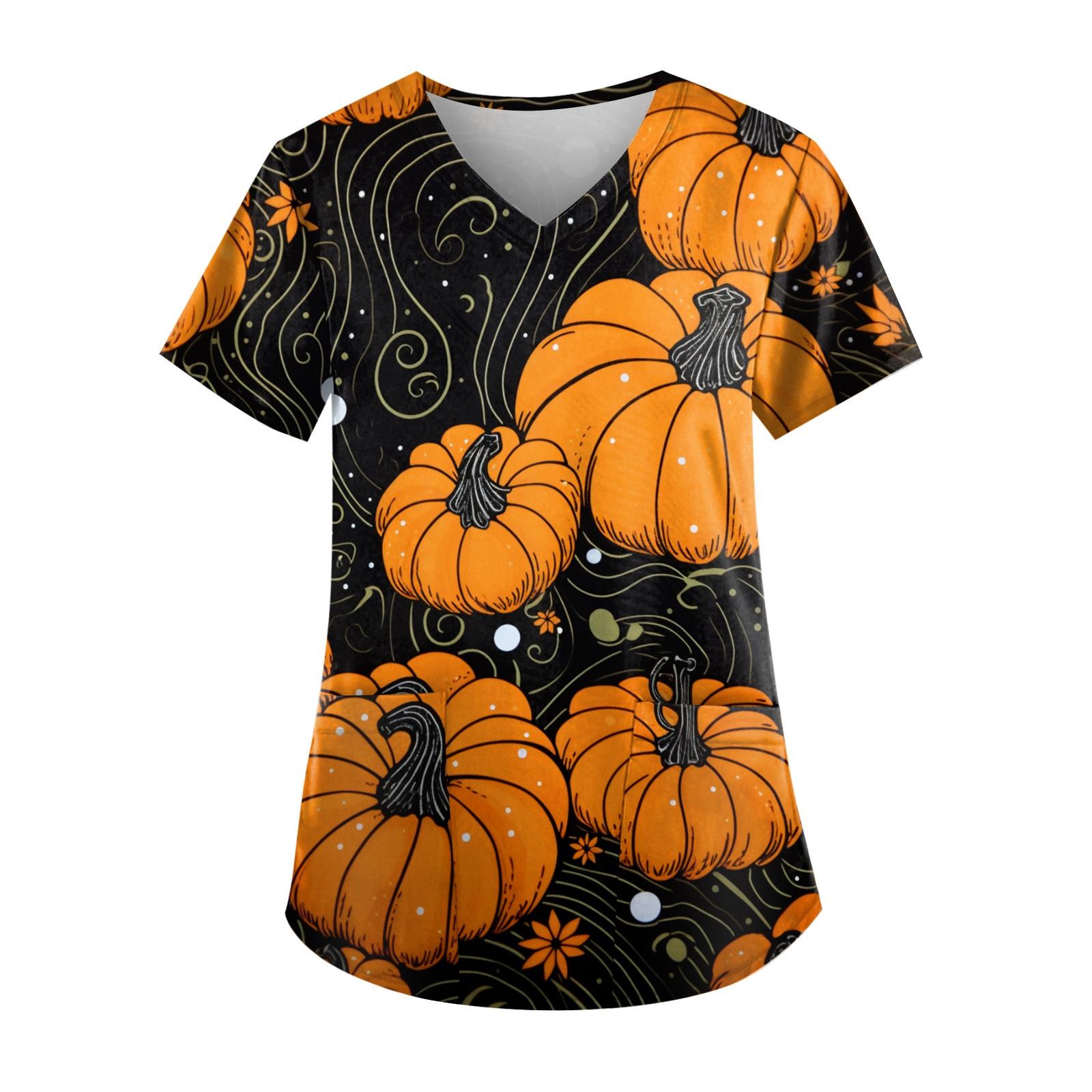 

Плюс размер Хэллоуин печатная рабочая форма Топы для женщин футболки с v-образным вырезом и короткими рукавами рабочая одежда футболка с карманами L чёрный