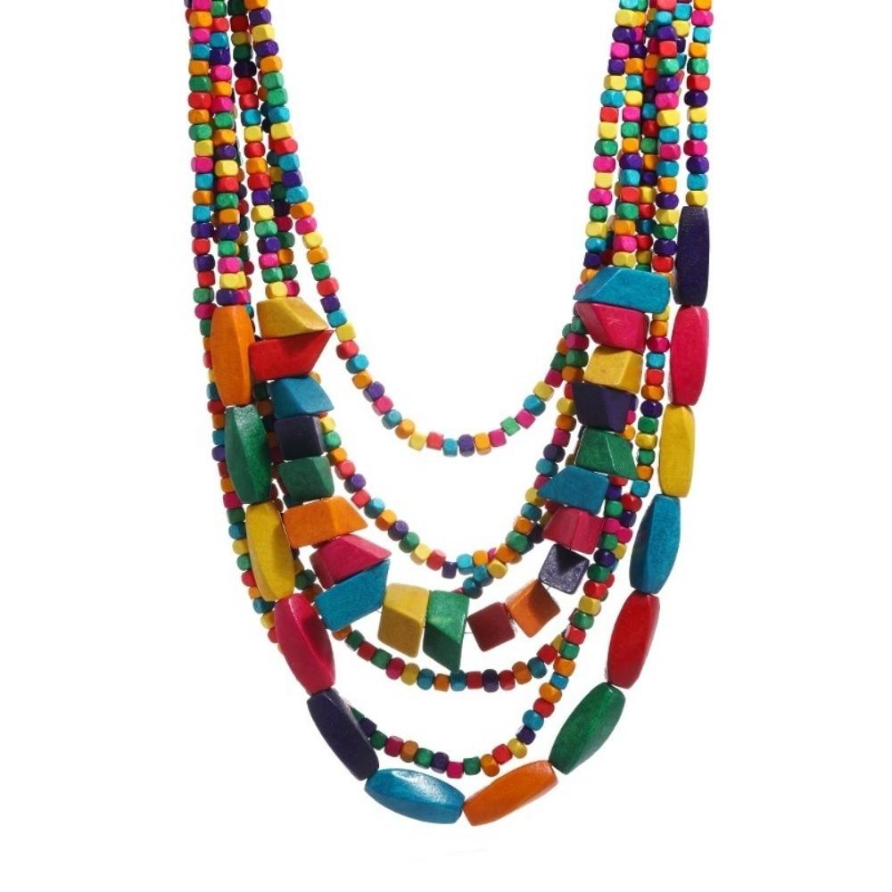 Multi-Layer Wooden Beaded Necklace Colorful Irregular Bohemian Party Jewelry for Women