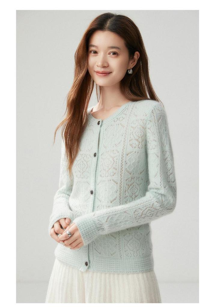 Round Neck Hollow Cashmere Cardigan - 2026 Autumn Women's Elegant Single-Breasted Versatile Warm Outerwear
