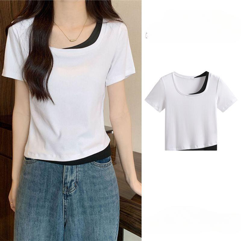 WTEMPO Brand Short-sleeved T-shirt Women's Summer Fake Two Niche with Design Sense of The Niche Sexy Slim Short Tops