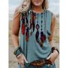 Women's Vintage Sleeveless Tank Top with Colorful Feather Print - 2026 Casual Crew Neck