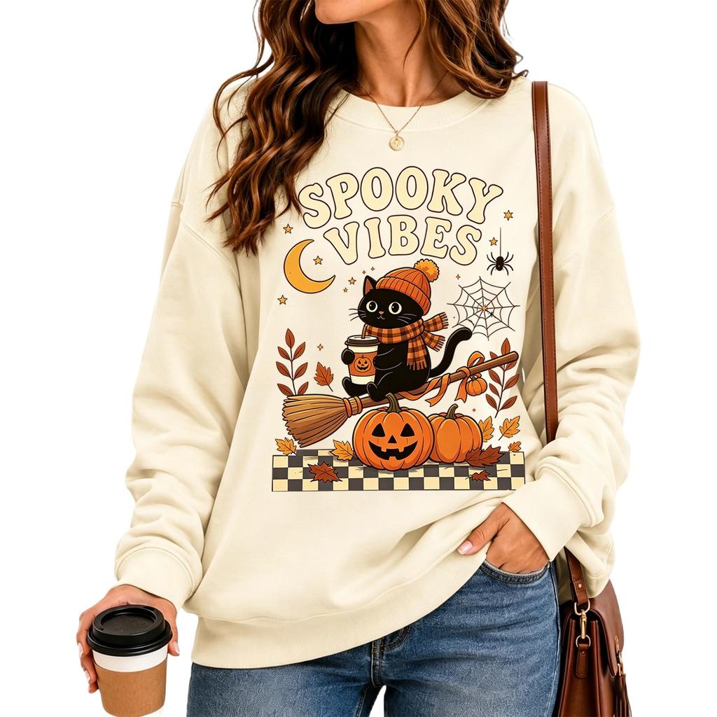 Women's fashionable casual long-sleeved Halloween printed round-neck top
