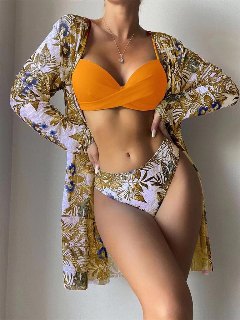 Floral Twist Low Waist Bikini Set Cover Up Swimsuit For Women Push Up Long Sleeve Three Pieces Swimwear 2023 Beach Bathing Suits