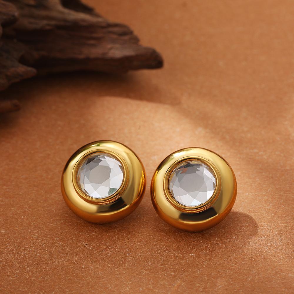Retro Ethnic Natural Stone Round Earrings for Women Gold Plated Stainless Steel Geometric Piercing Earring Studs Boho Zircon