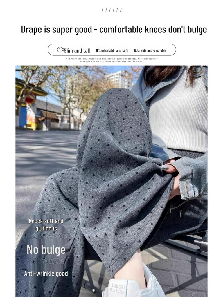 145 Petite Polka Dot High Waist Slimming Wide Leg Lace Trim Drawstring Pants for Women - Spring/Autumn Casual