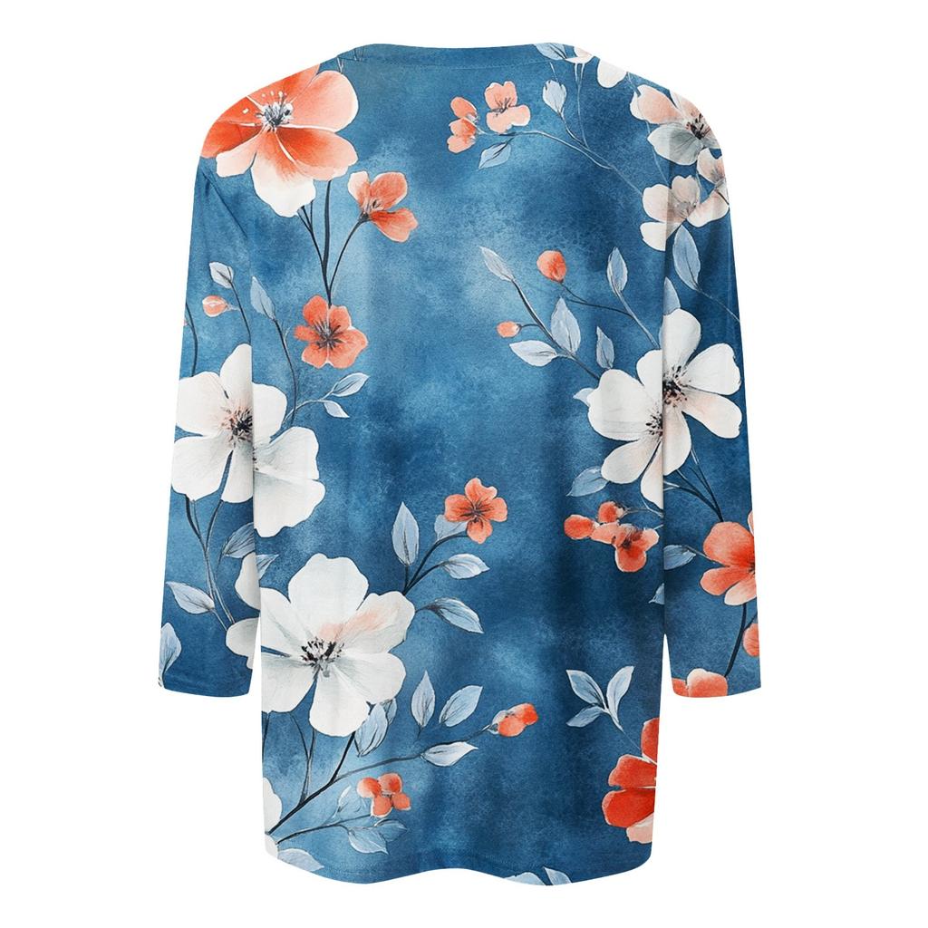 Women's Tops Three-quarter Sleeve Shirt V-neck Loose Casual Shirt Floral Printed T-shirt