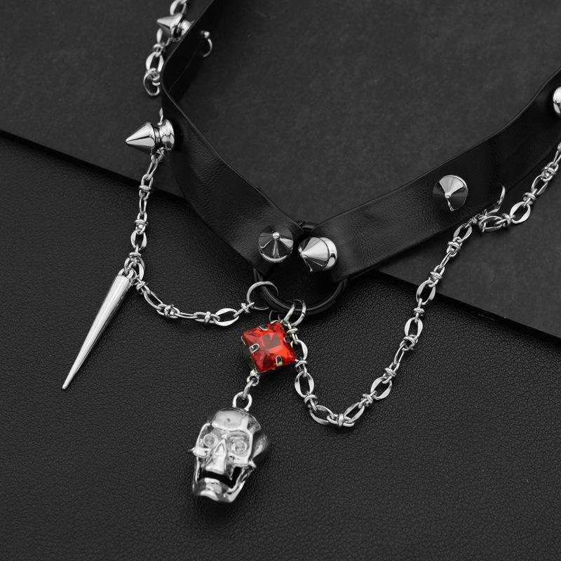 Meier Skull Leather Collar Y2k Heavy Industry Chocker Necklace Neck Chain Subculture Clavicle Chain