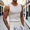 Summer Men Tank Top Ribbed O-Neck Sleeves Shirt Breathable Solid Color Slim Fit Stretch Casual Gym Sports T-shirt