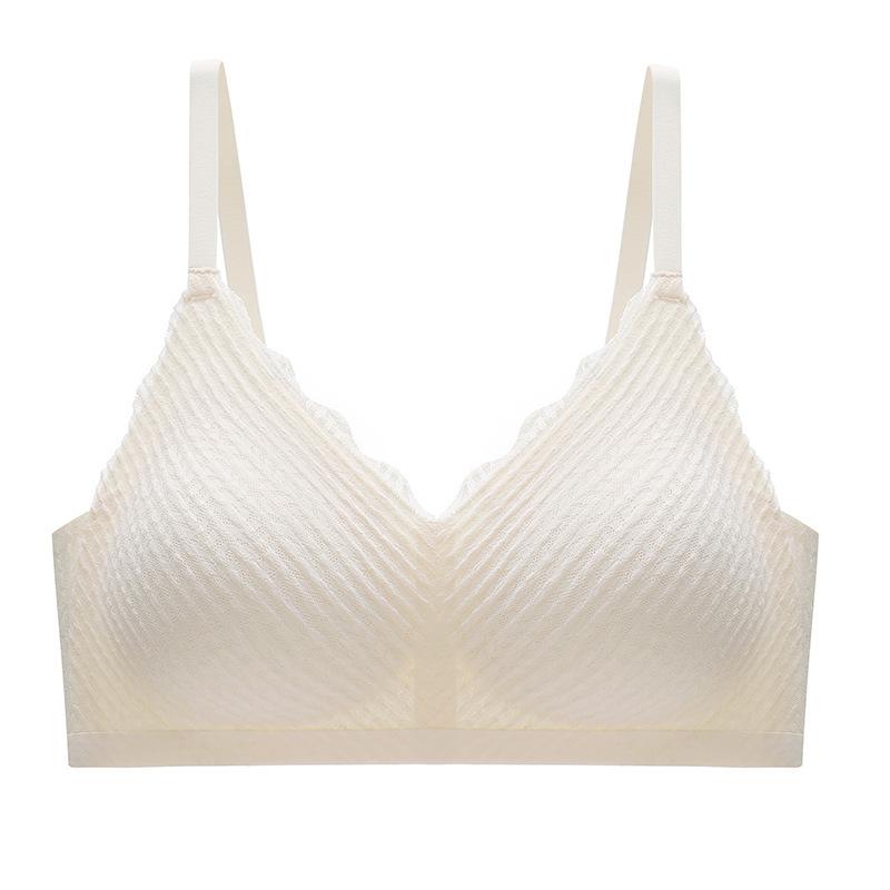 Beige Wireless Bra with Textured Lace and Adjustable Thin Straps Comfort Lingerie M белый